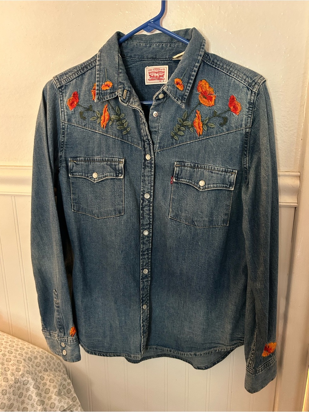 Levi's Blue Denim Shirt with poppy flower embroidery